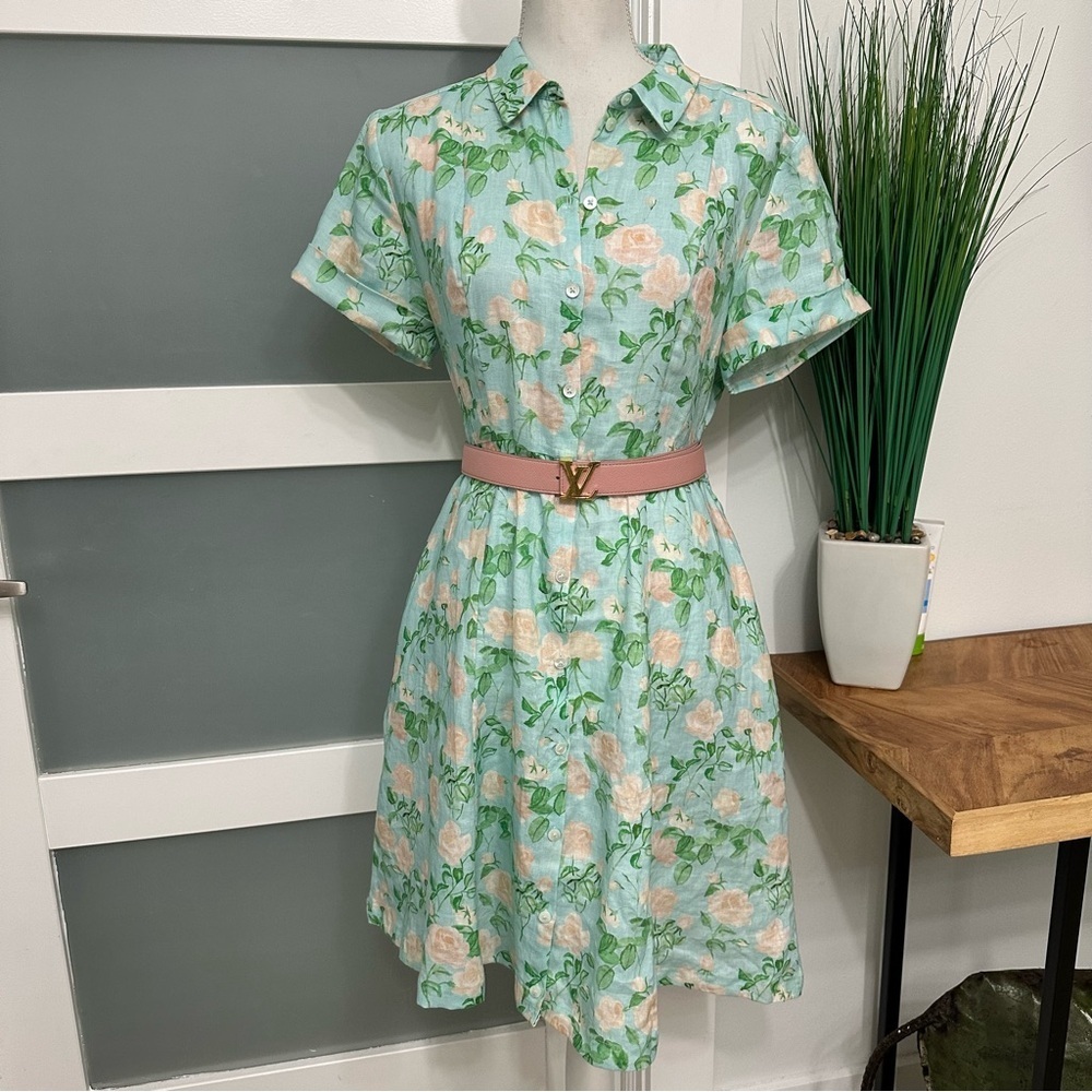 Hill House Linen Laura Floral Dress Blue Green Sz Small Cottagecore Feminine EUC